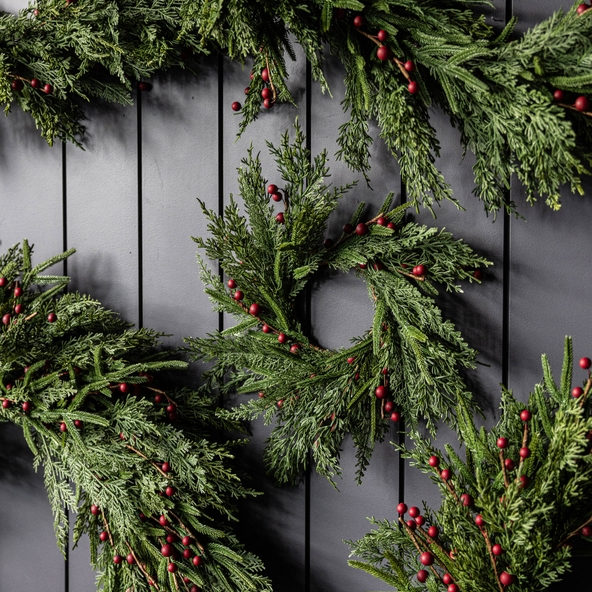Artificial 14" Real Touch Norfolk Cypress & Red Plum Berry Wreath