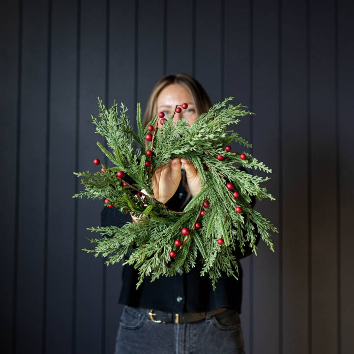 Artificial 14" Real Touch Norfolk Cypress & Red Plum Berry Wreath