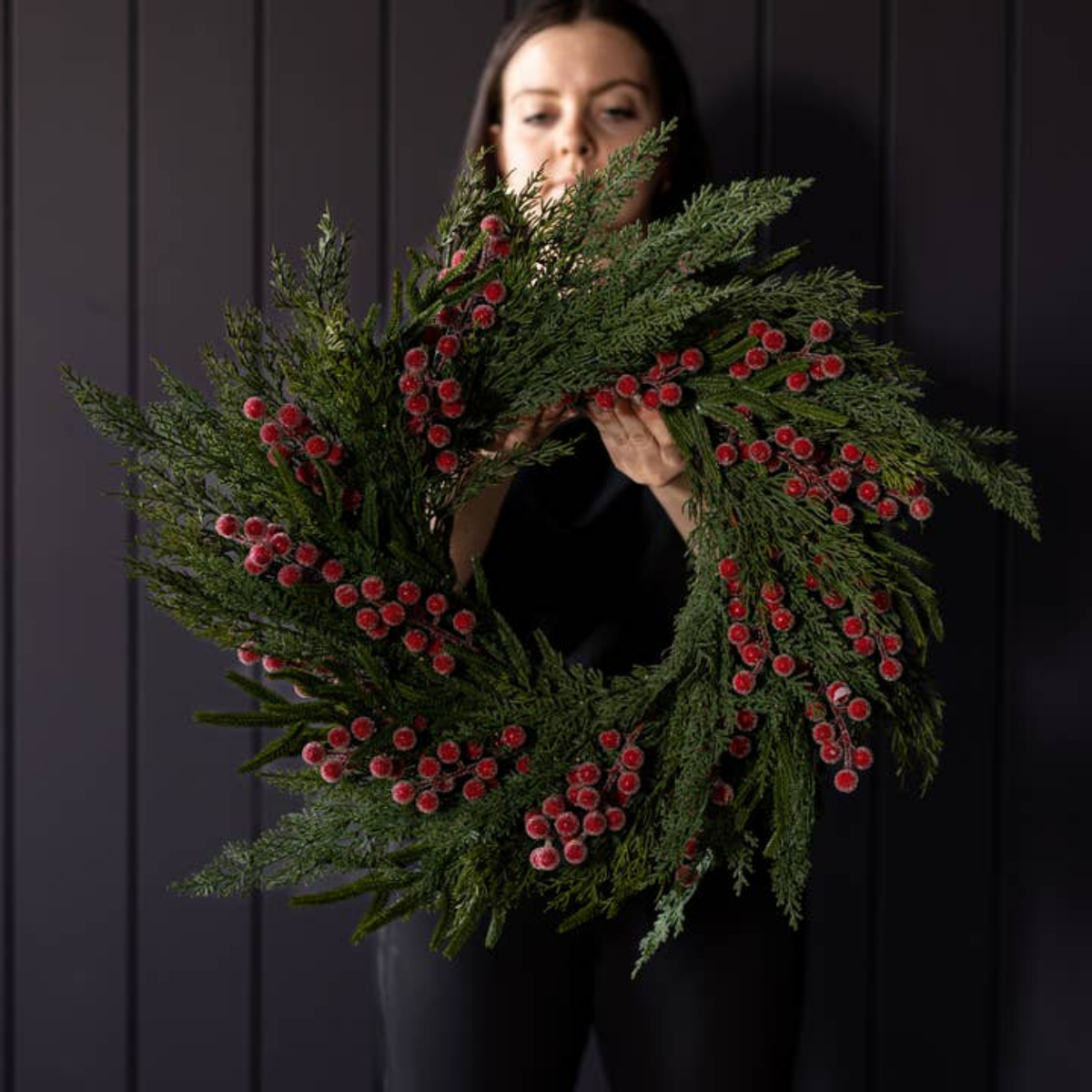 Artificial 24" Pre-Lit Real Touch Norfolk Cypress & Frosted Red Plum Berry Wreath