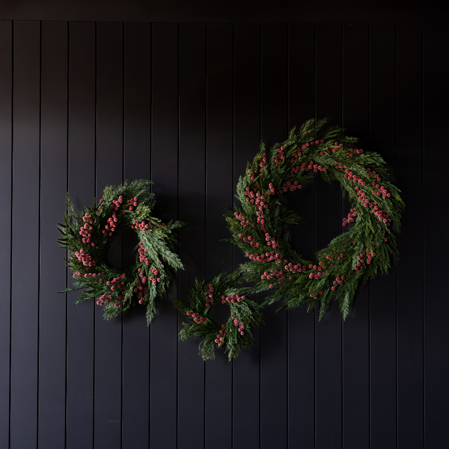 Artificial 24" Pre-Lit Real Touch Norfolk Cypress & Frosted Red Plum Berry Wreath