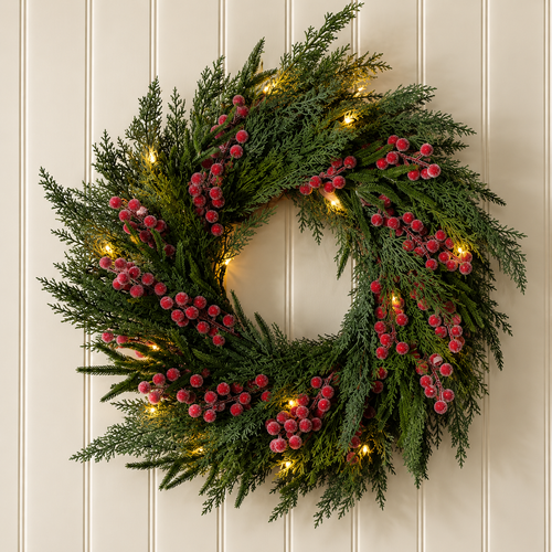 Artificial 24" Pre-Lit Real Touch Norfolk Cypress & Frosted Red Plum Berry Wreath
