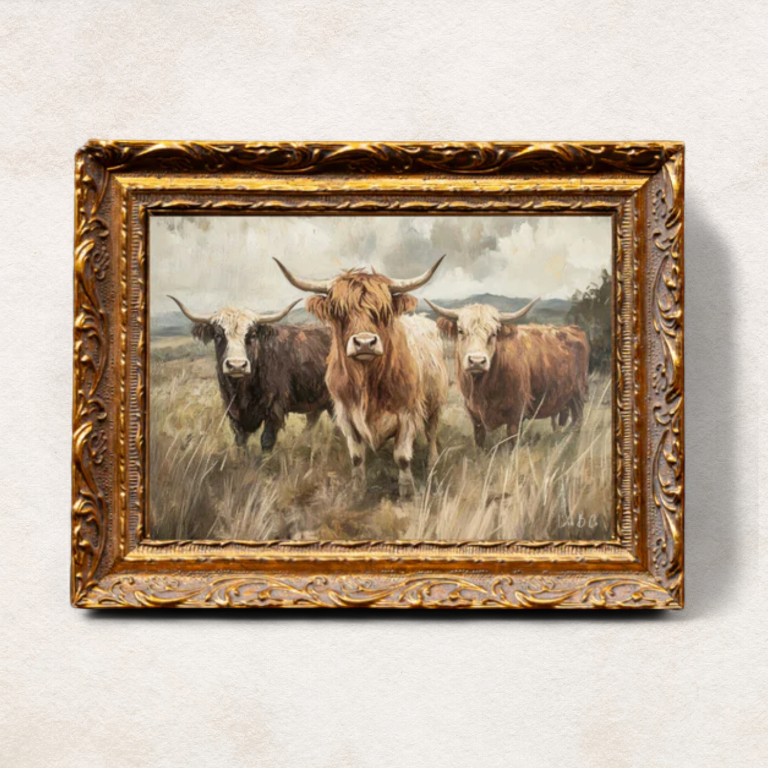 Handsome Highland Cows French Brass Framed Wall Art