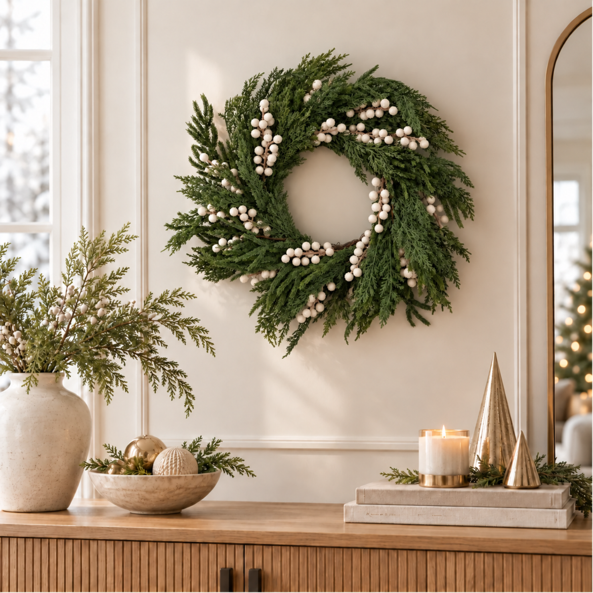Artificial Real Touch Norfolk Cypress & Frosted White Berry Wreath