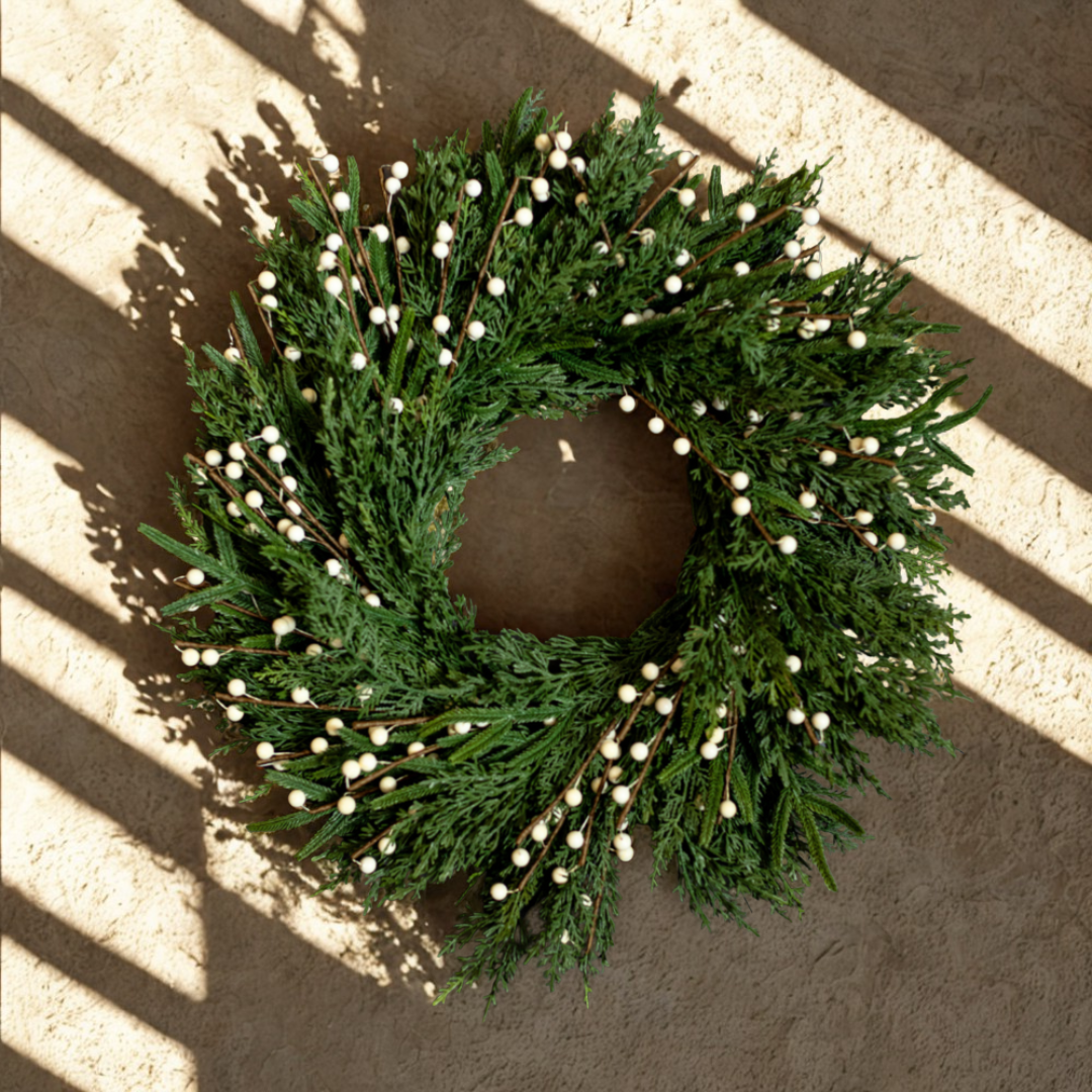 Artificial Real Touch Norfolk Cypress & White Berry Wreath