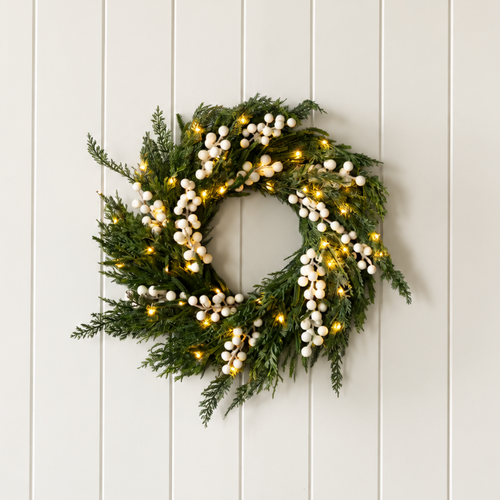Artificial 24" Pre-Lit Real Touch Norfolk Pine & Cypress Frosted White Plum Berry Wreath