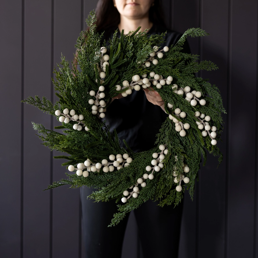 Artificial 24" Pre-Lit Real Touch Norfolk Pine & Cypress Frosted White Plum Berry Wreath