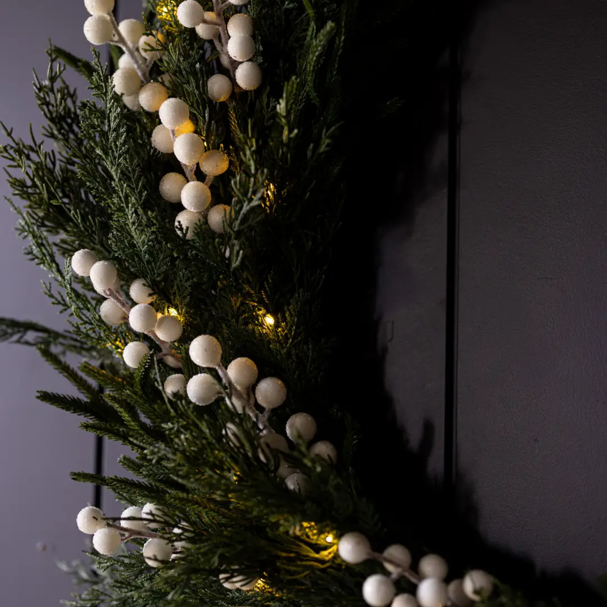 Artificial 24" Pre-Lit Real Touch Norfolk Pine & Cypress Frosted White Plum Berry Wreath