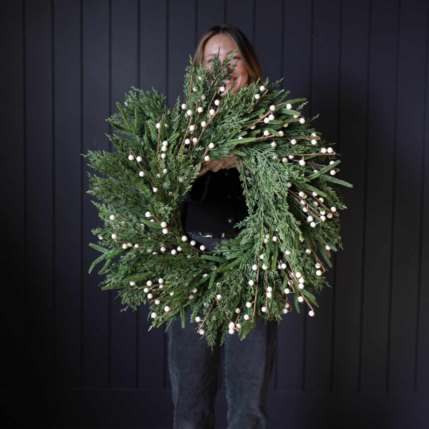 Artificial Real Touch Norfolk Cypress & White Berry Wreath