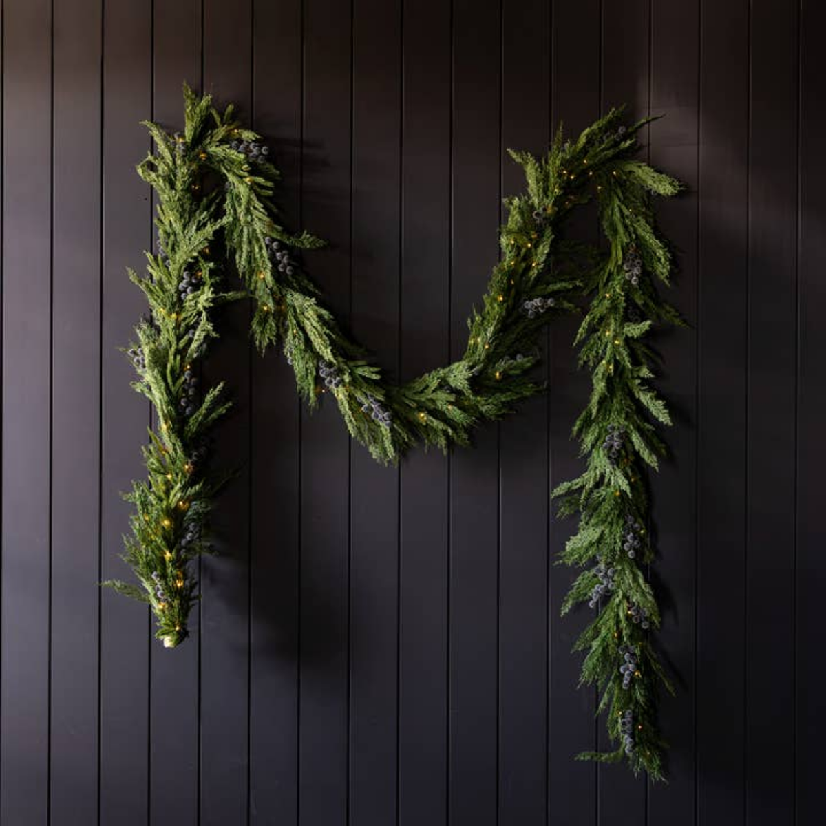 Artificial 15ft Pre-Lit Real Touch Cypress & Frosted Blue Plum Berry Garland