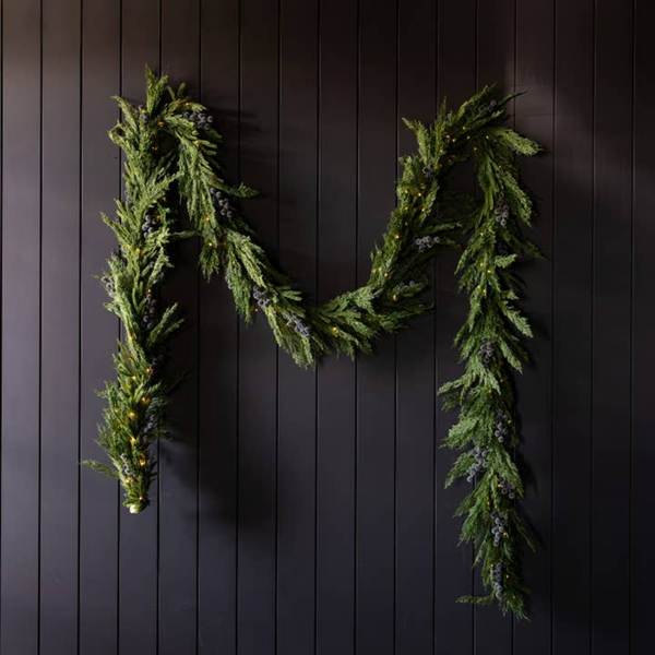 Artificial 15ft Pre-Lit Real Touch Cypress & Frosted Blue Plum Berry Garland
