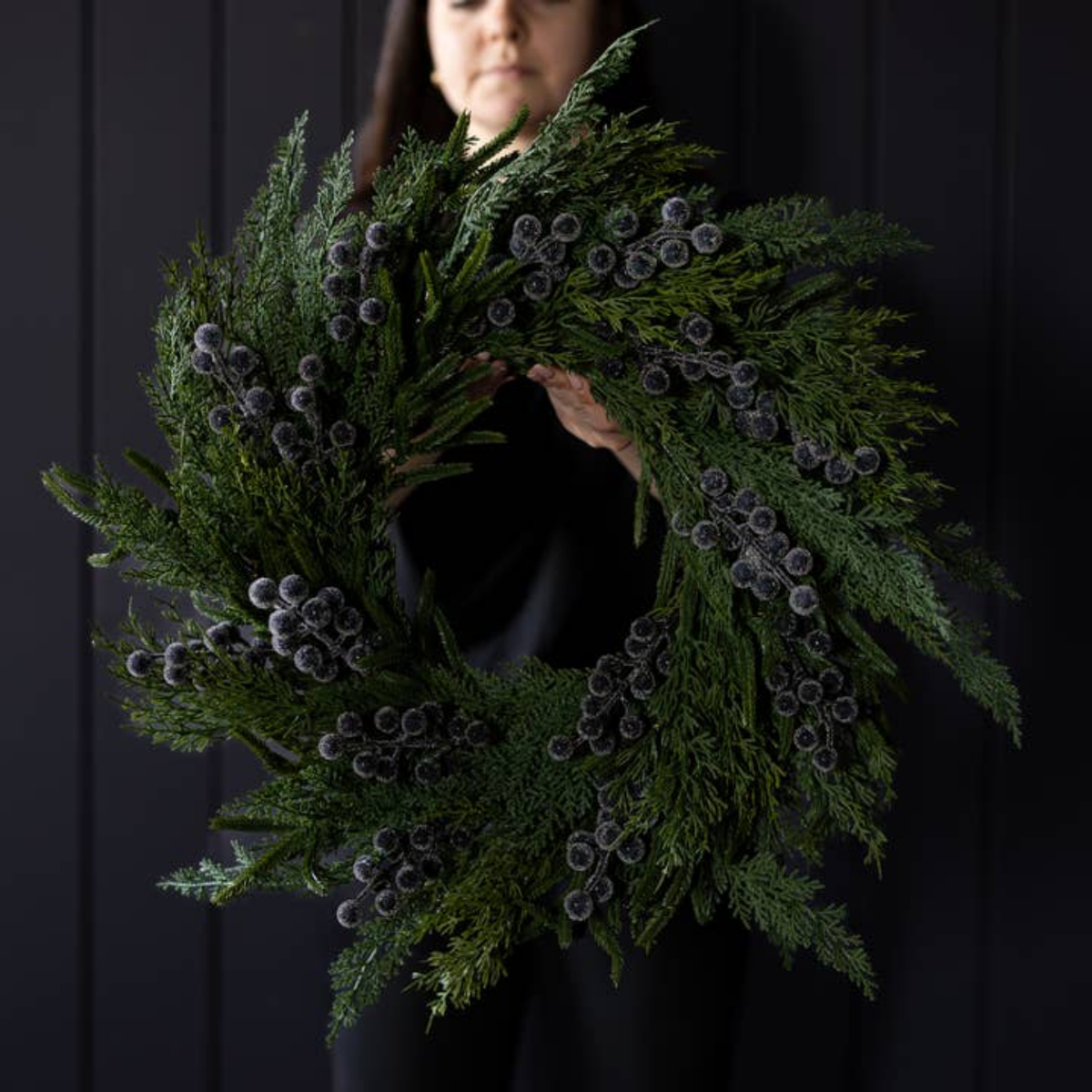 Artificial 24" Pre-Lit Real Touch Cypress & Frosted Blue Plum Berry Wreath