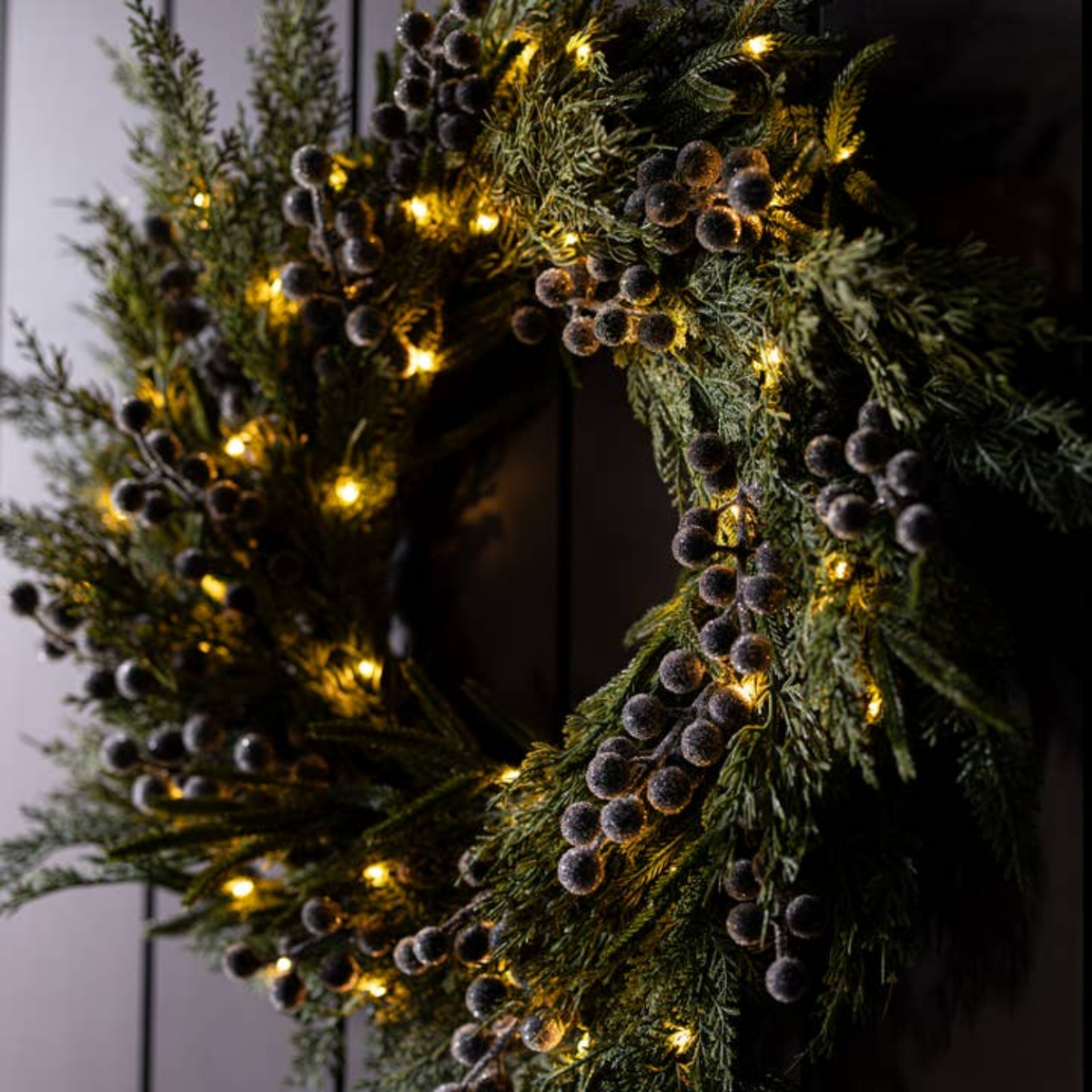 Artificial 24" Pre-Lit Real Touch Cypress & Frosted Blue Plum Berry Wreath