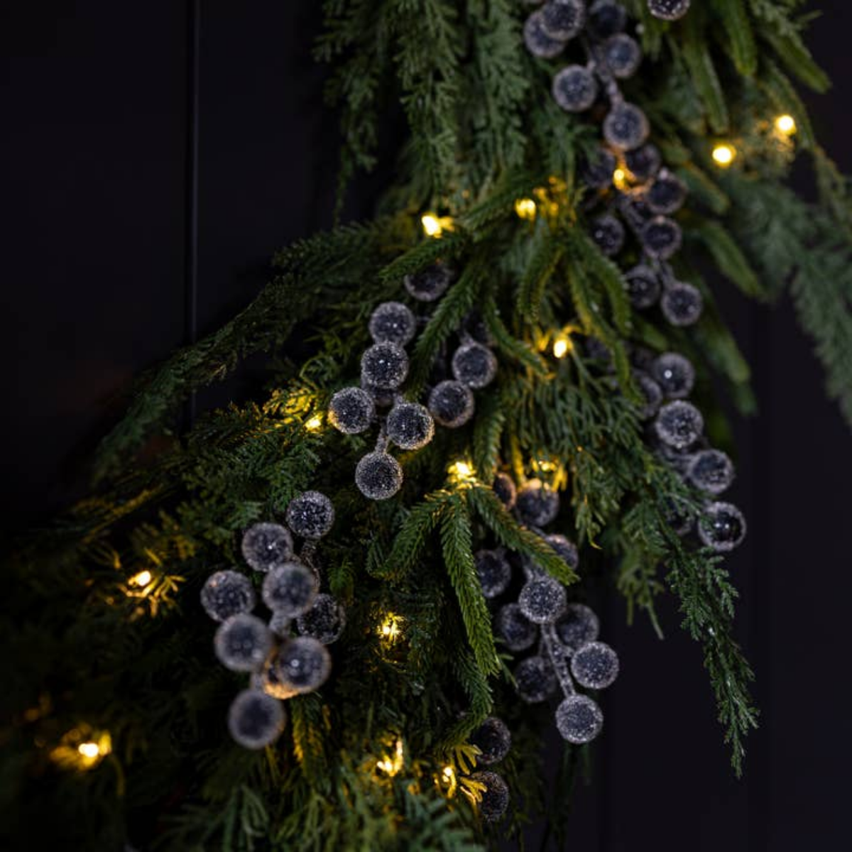 Artificial 24" Pre-Lit Real Touch Cypress & Frosted Blue Plum Berry Wreath