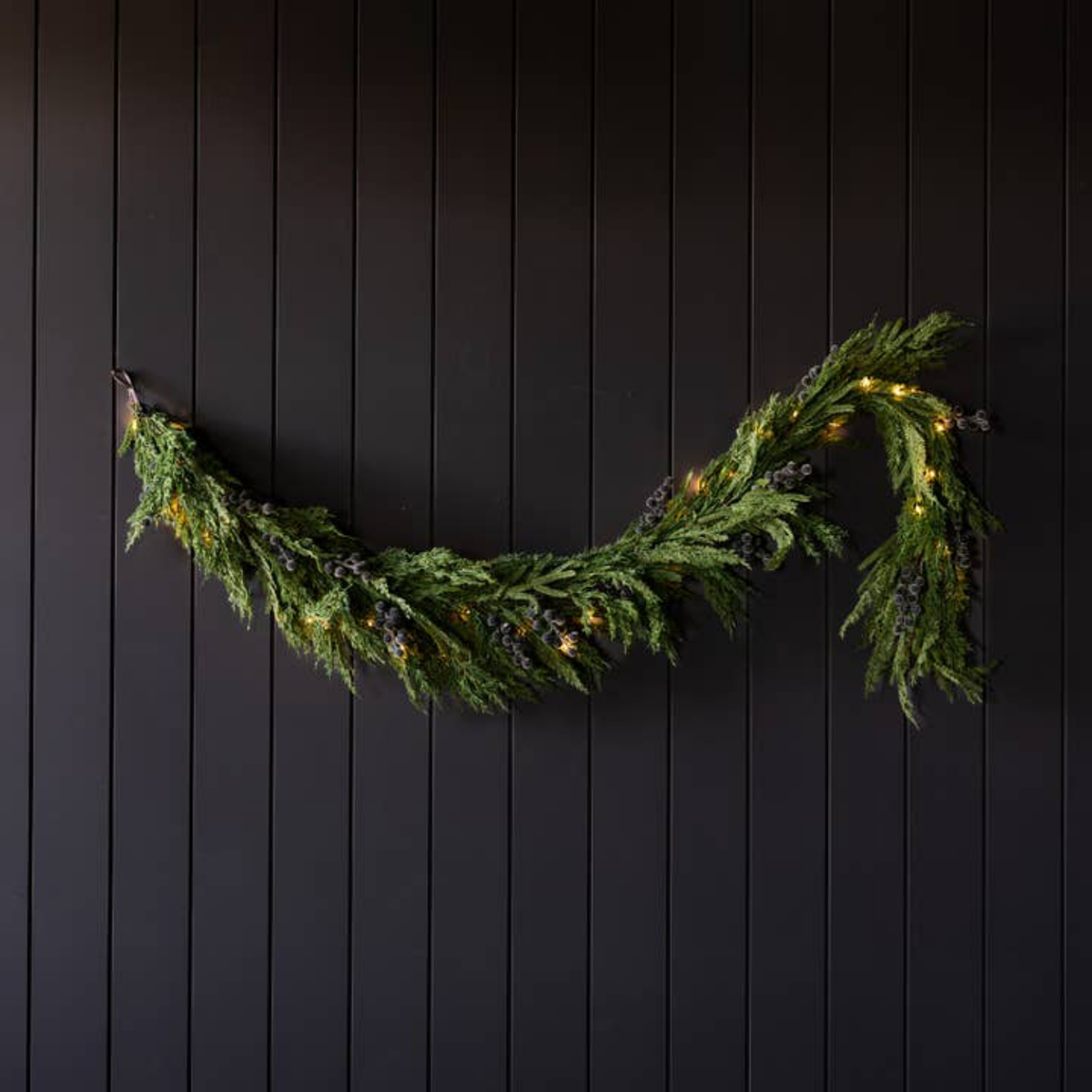Artificial 6ft Pre-Lit Real Touch Norfolk Cypress & Frosted Blue Plum Berry Garland
