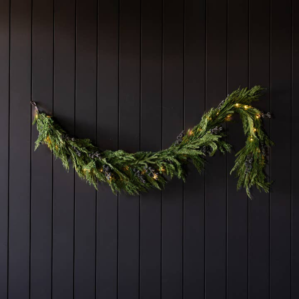 Artificial 6ft Pre-Lit Real Touch Norfolk Cypress & Frosted Blue Plum Berry Garland