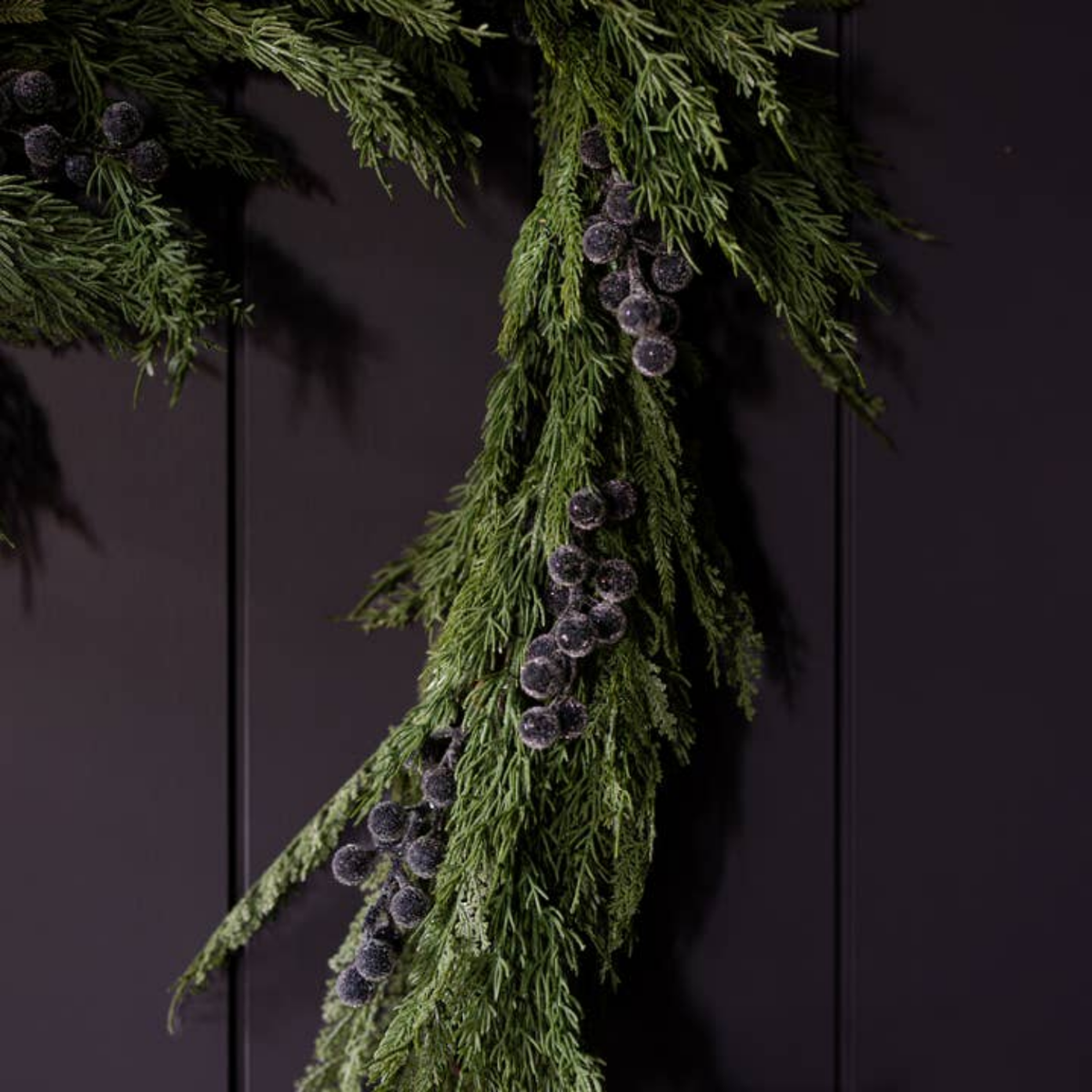 Artificial 6ft Pre-Lit Real Touch Norfolk Cypress & Frosted Blue Plum Berry Garland