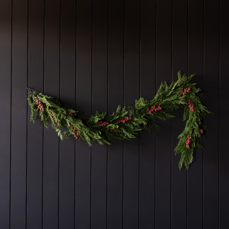 Artificial 6ft Pre-Lit Real Touch Norfolk Cypress & Frosted Red Plum Berry Garland