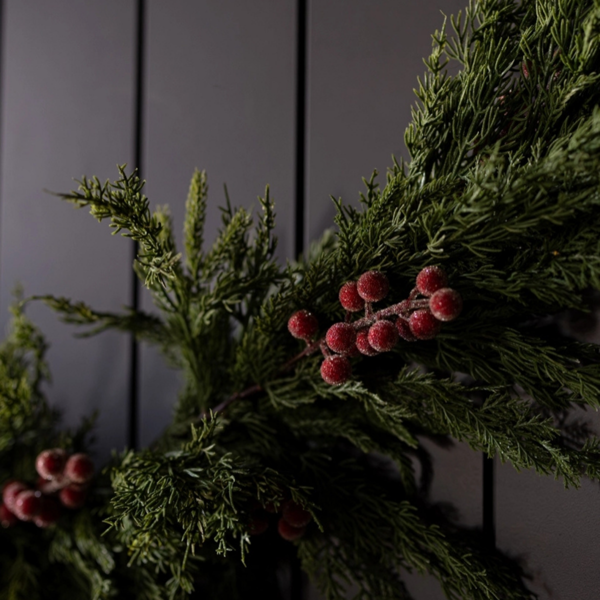 Artificial 6ft Pre-Lit Real Touch Norfolk Cypress & Frosted Red Plum Berry Garland