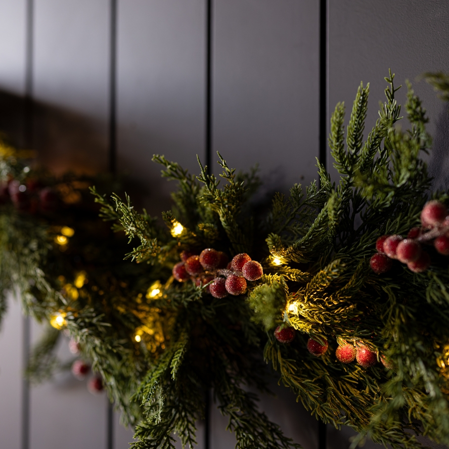 Artificial 6ft Pre-Lit Real Touch Norfolk Cypress & Frosted Red Plum Berry Garland