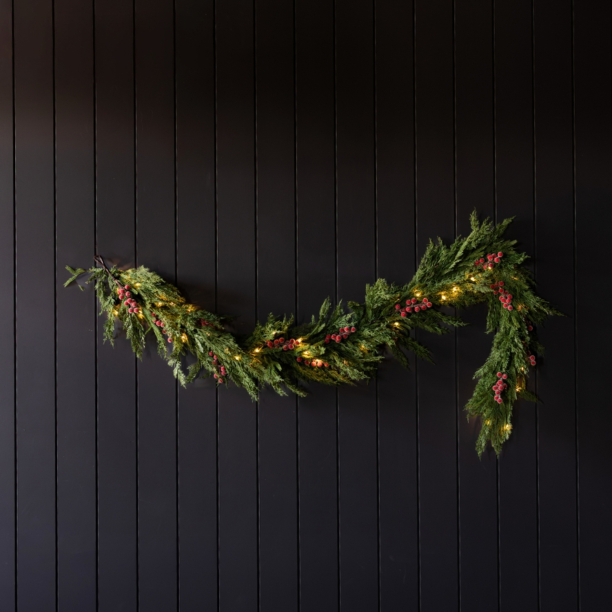 Pre-Lit Frosted Plum Berry Norfolk Garland 6ft & Bow Set - Sage (5 Pieces)