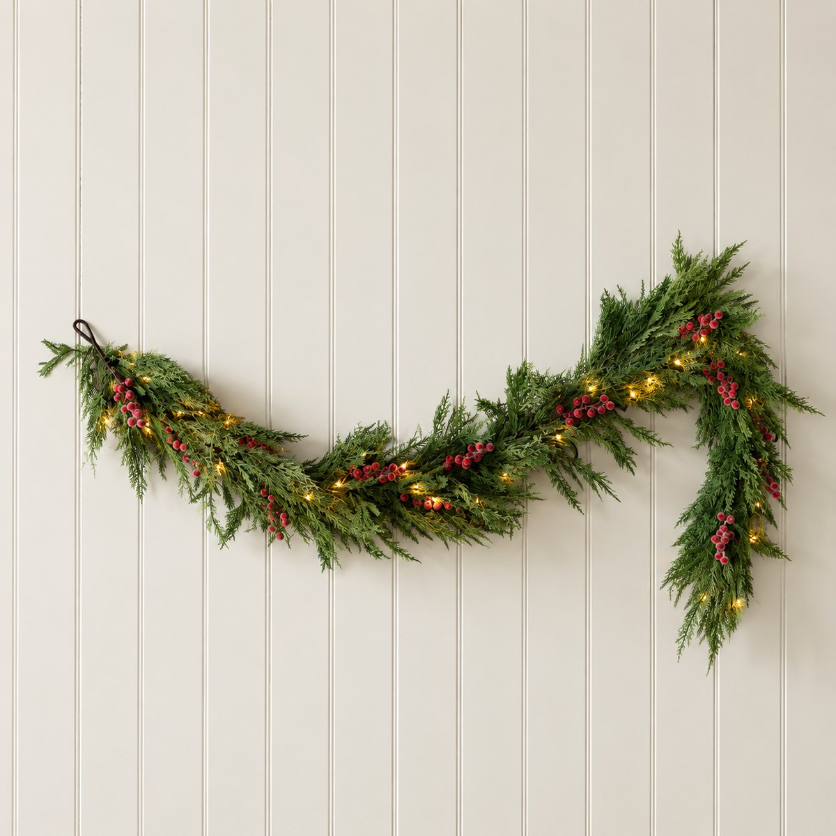 Artificial 6ft Pre-Lit Real Touch Norfolk Cypress & Frosted Red Plum Berry Garland