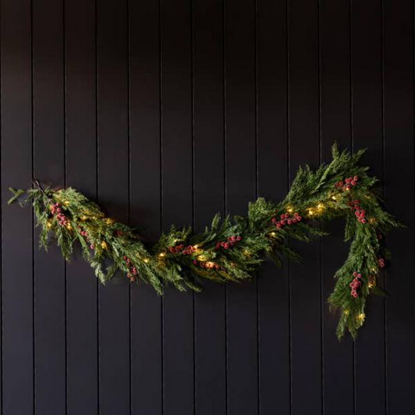 Artificial 6ft Pre-Lit Real Touch Norfolk Cypress & Frosted Red Plum Berry Garland