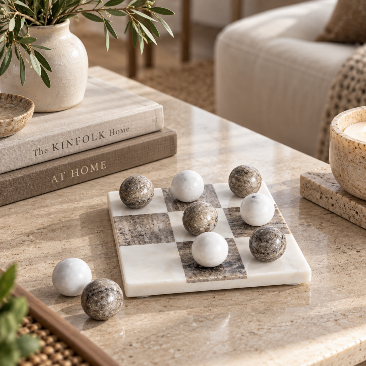 Marble Tic-Tac-Toe - Beige/ White