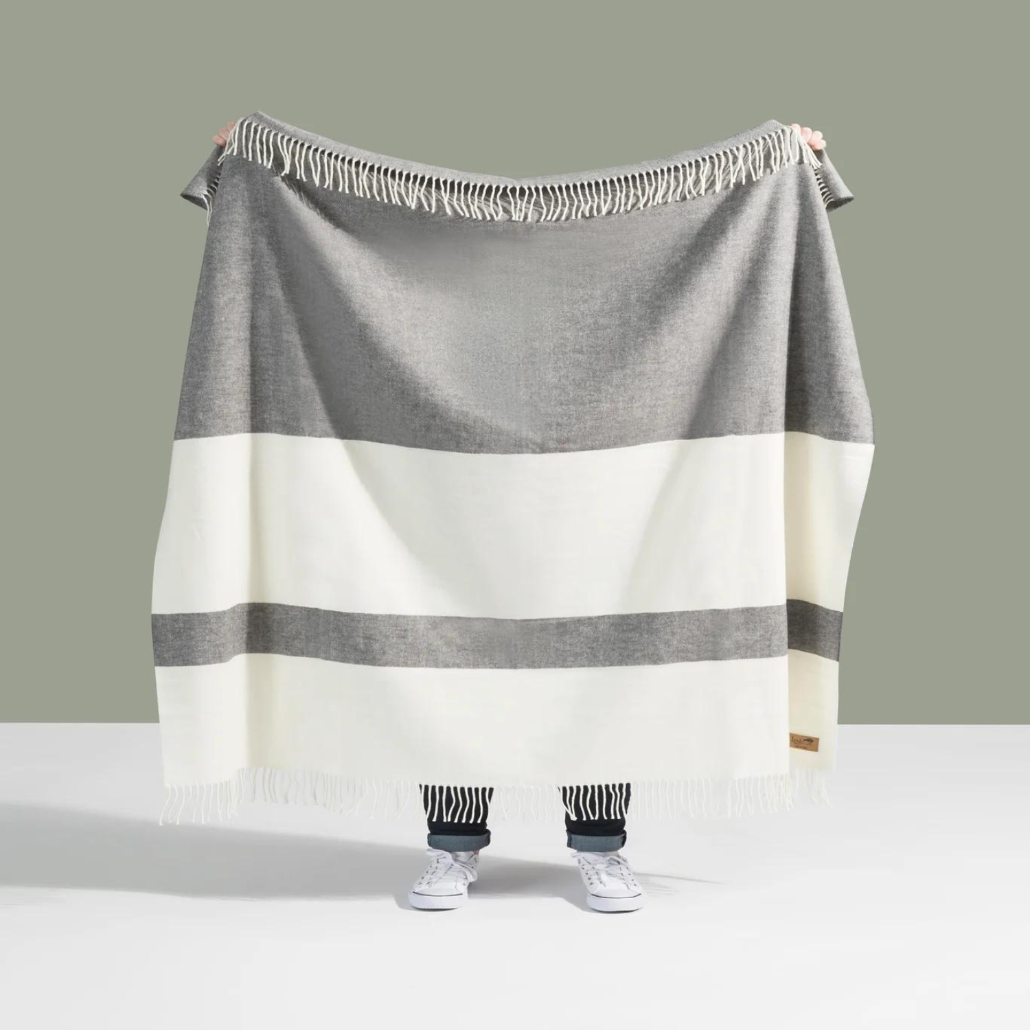 Sydney Herringbone Fringe Stripe Charcoal/Cream Throw