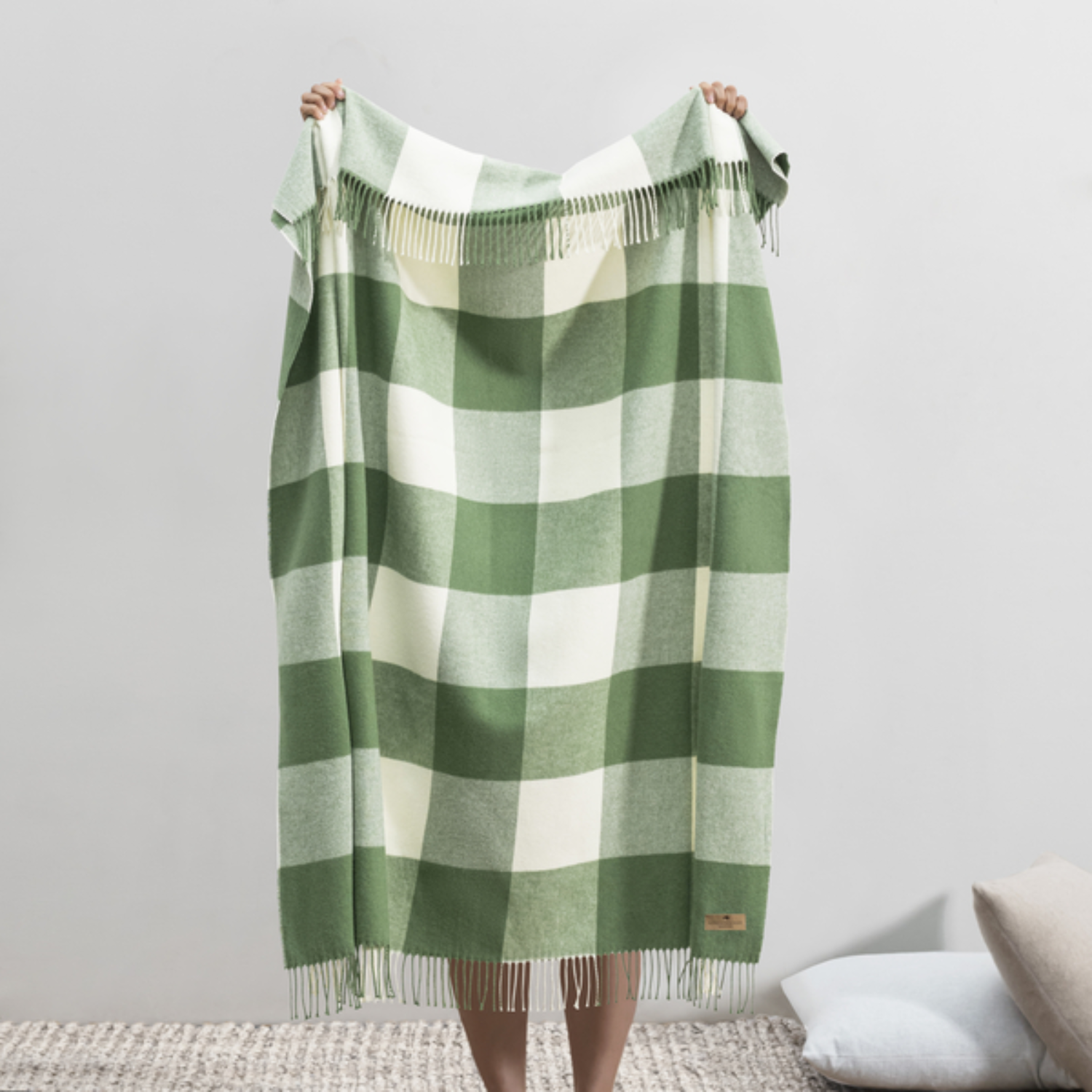 Green and white checkered blanket held by a person against a gray background