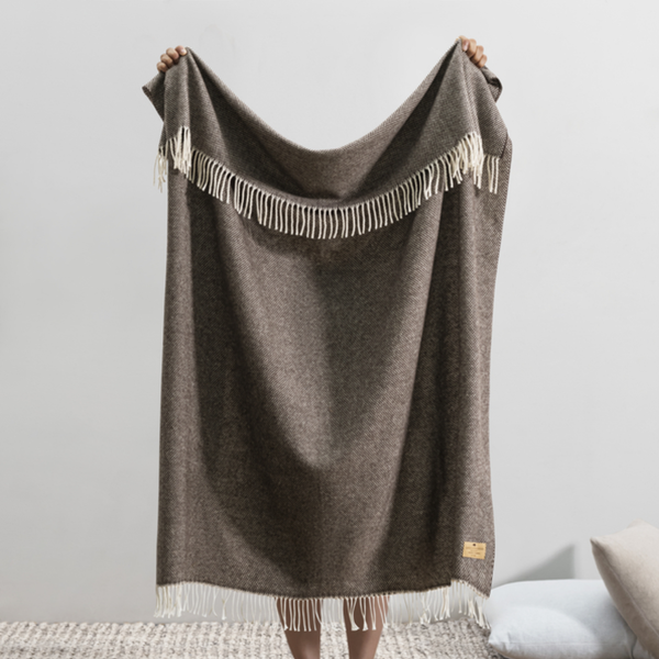 Basket Weave Cashmere Wool Throw Blanket - Espresso
