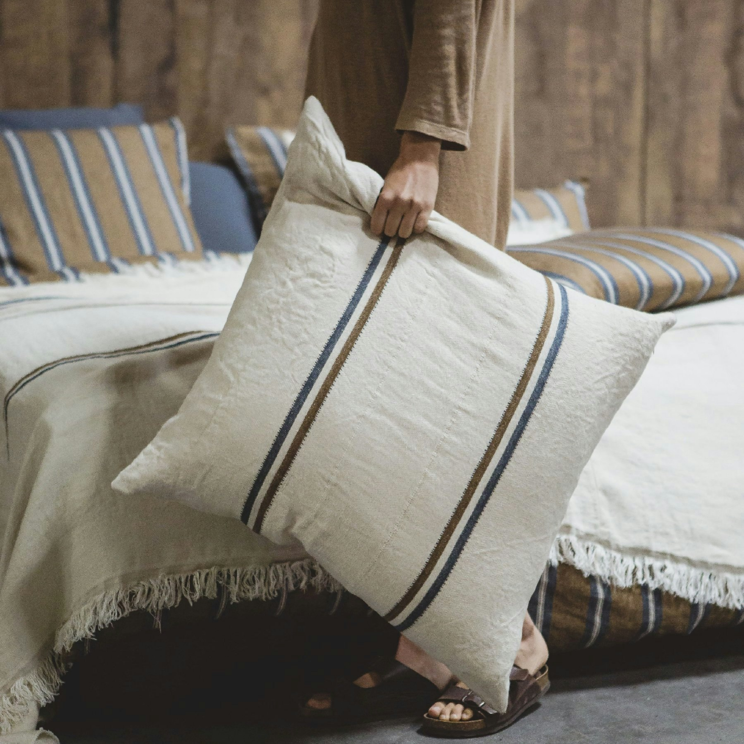 Costal Loft 25" Linen Toss Pillow - Brown/Blue Stripe
