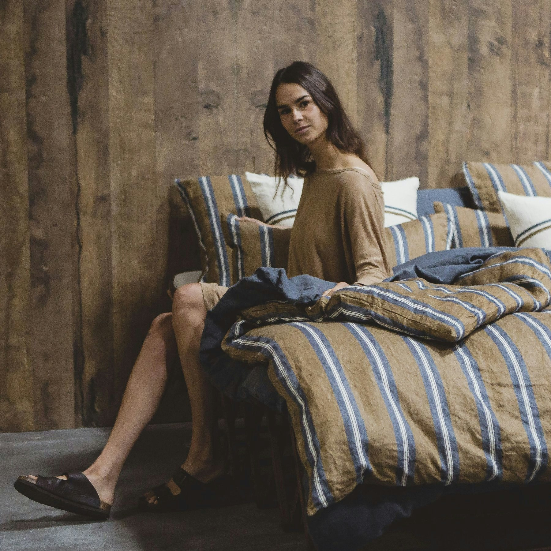 Costal Loft Belgian Linen Queen Duvet Cover - Brown/ Blue/White Stripe
