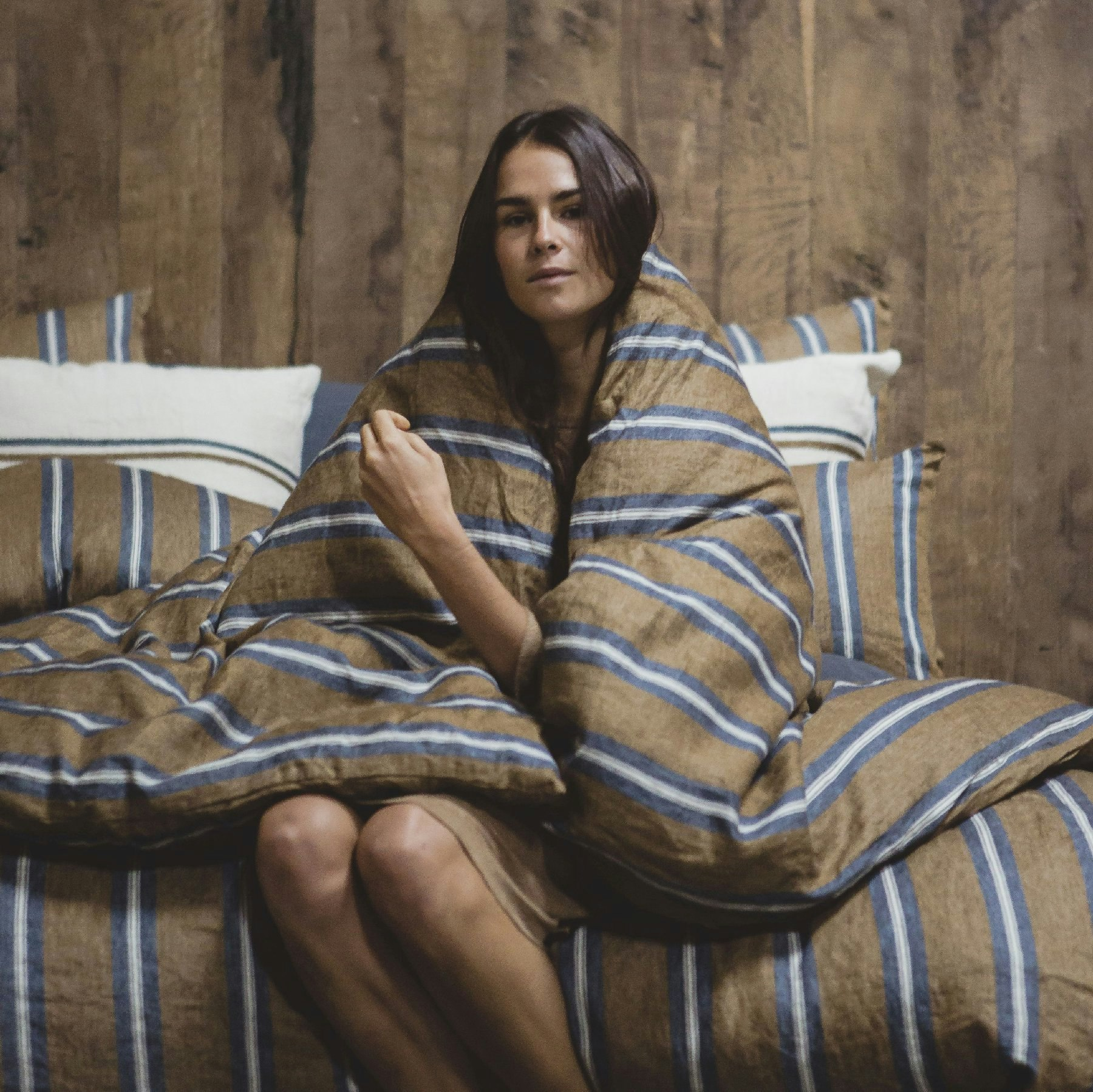 Costal Loft Belgian Linen Queen Duvet Cover - Brown/ Blue/White Stripe