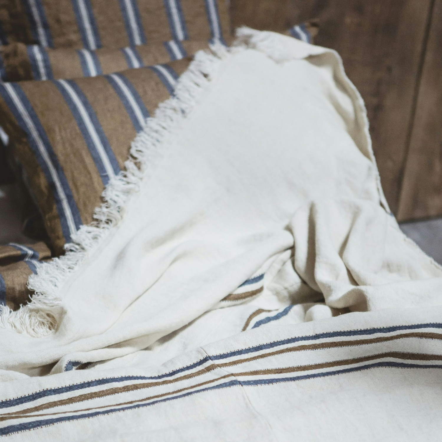 Costal Loft Belgian Linen Bed Blanket - Brown/ Blue Stripe