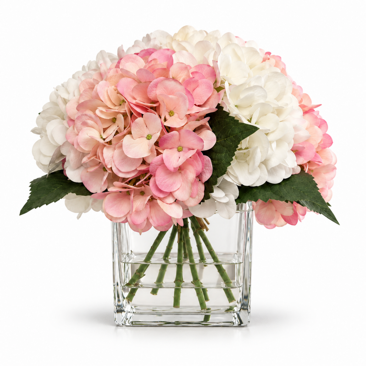 Artificial Hydrangea Bouquet with Glass Vase - Pink & White