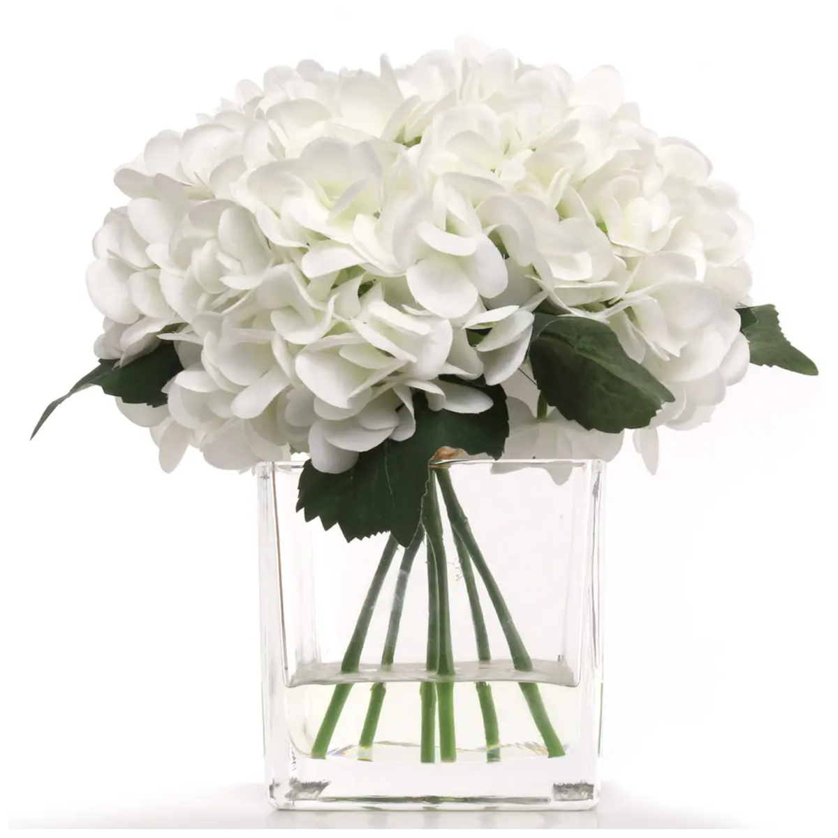 Artificial Hydrangea Bouquet with Glass Vase - White