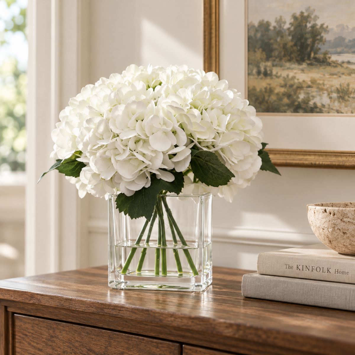 Artificial Hydrangea Bouquet with Glass Vase - White