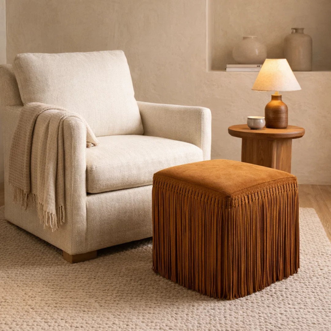 Suede Fringe Square Ottoman - Cognac