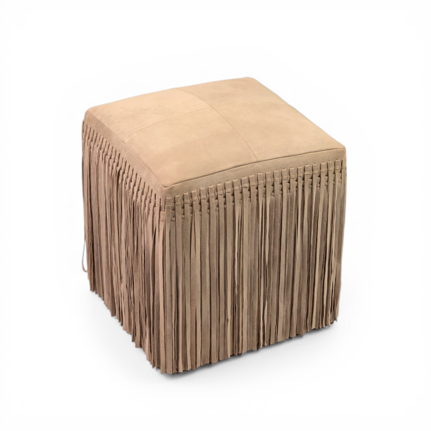Suede Fringe Square Ottoman - Taupe