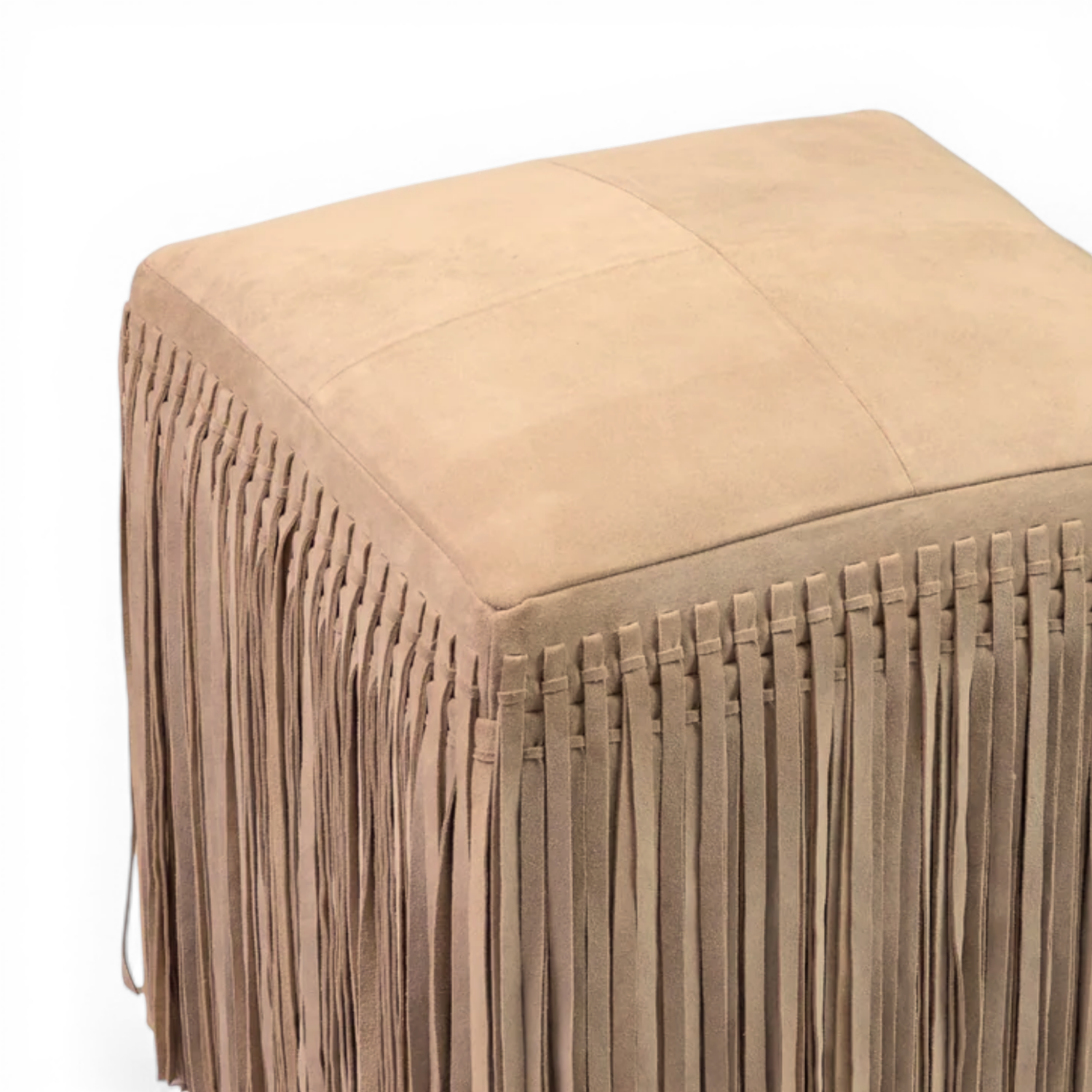 Suede Fringe Square Ottoman - Taupe