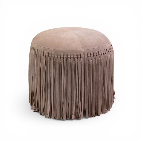 Suede Fringe Round Ottoman - Taupe