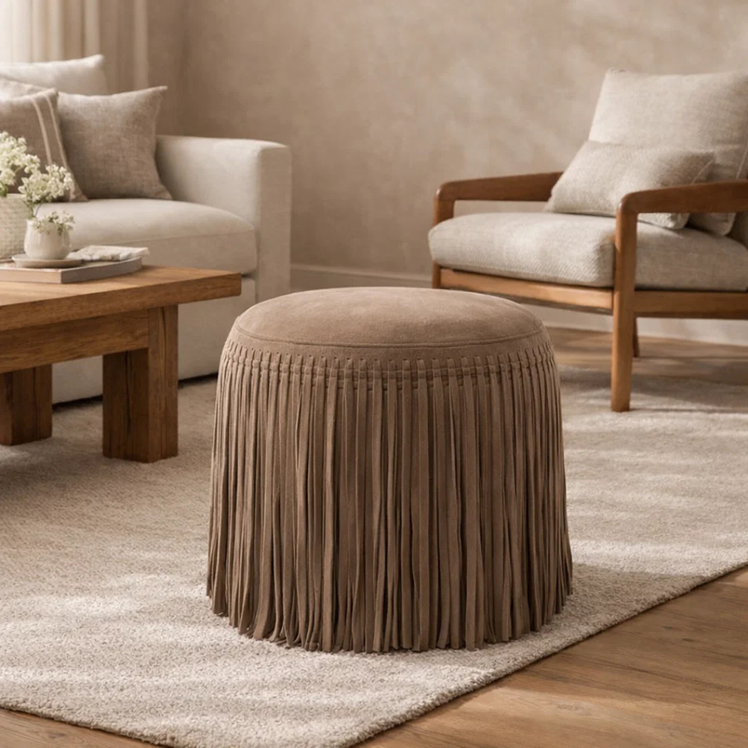 Suede Fringe Round Ottoman - Taupe