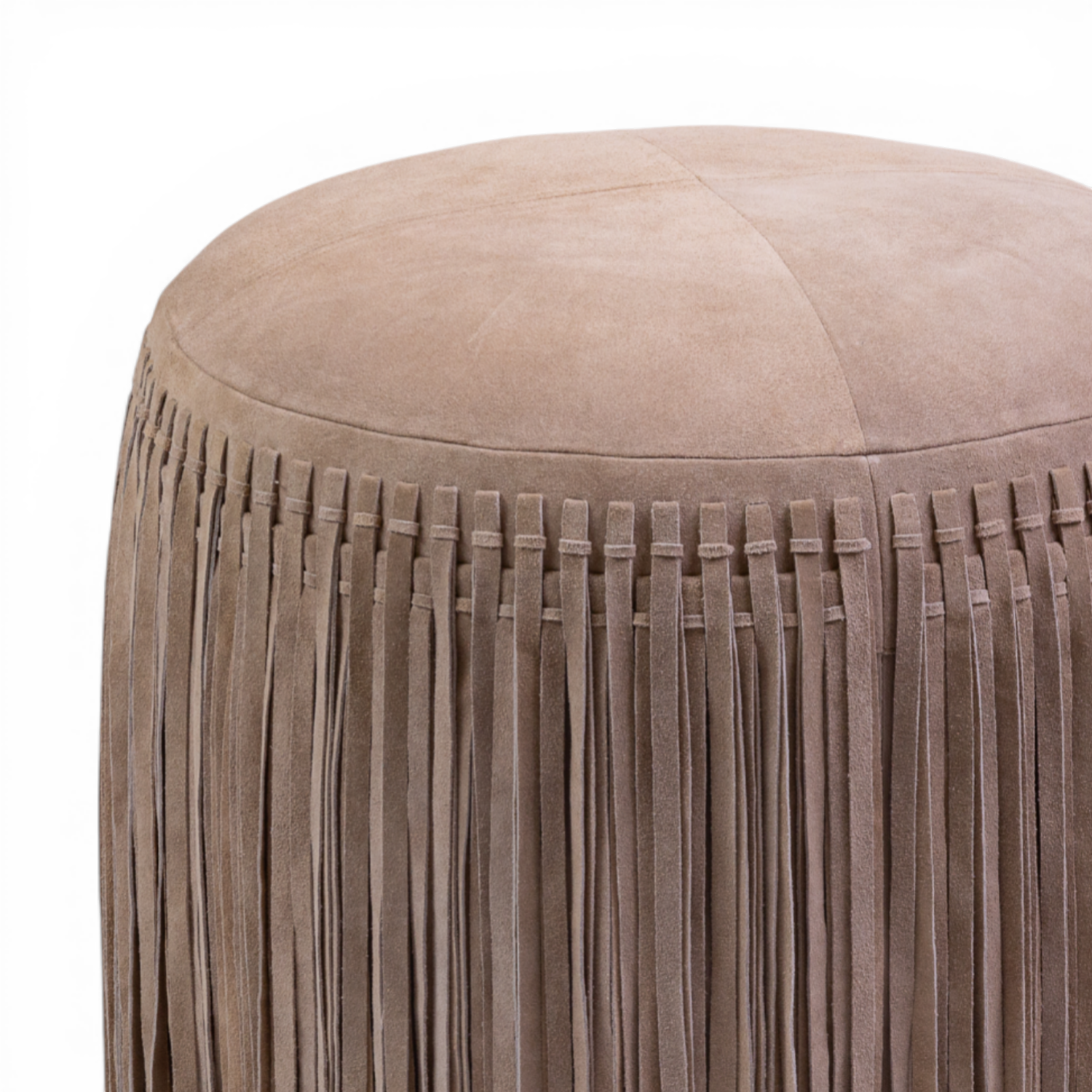 Suede Fringe Round Ottoman - Taupe