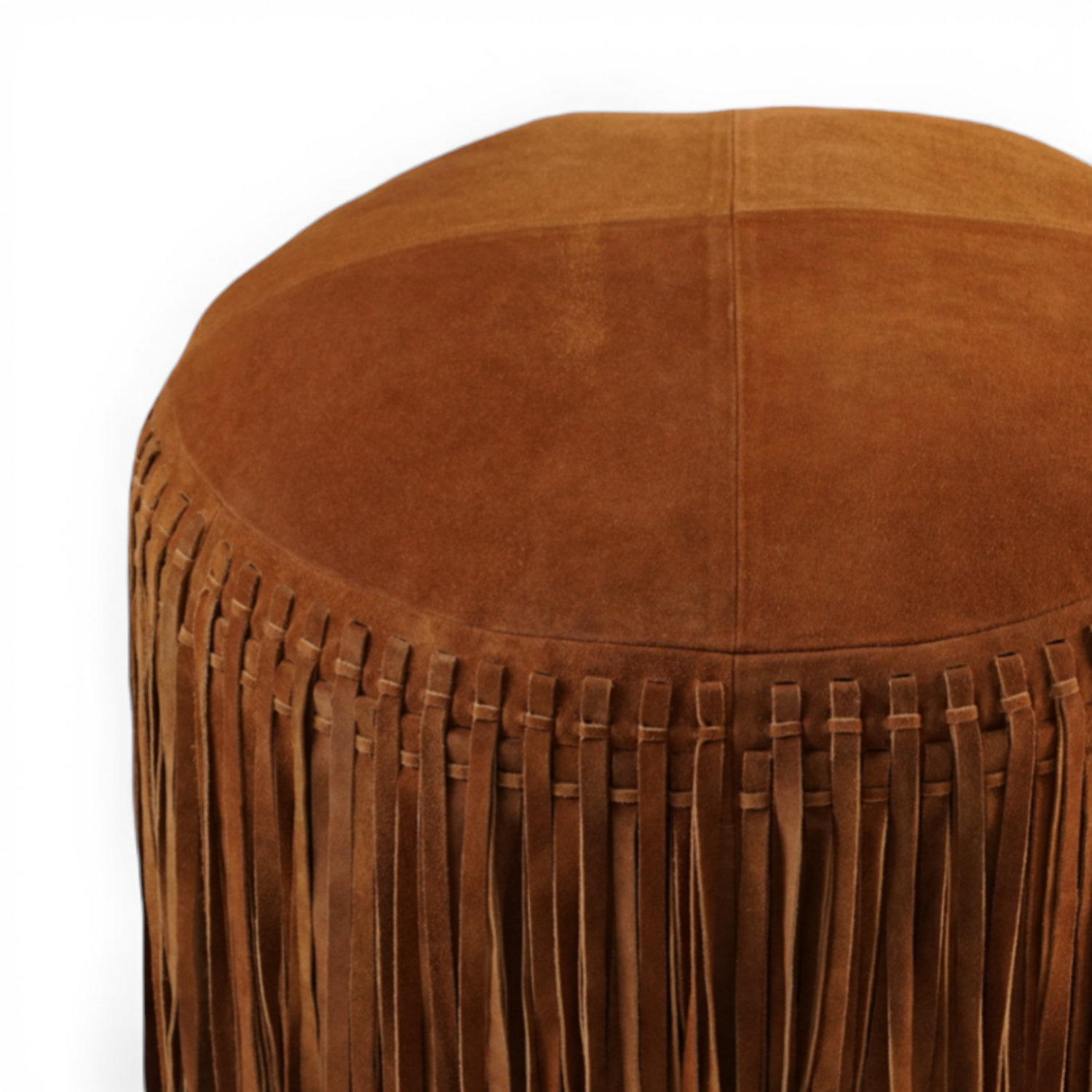 Suede Fringe Round Ottoman - Cognac