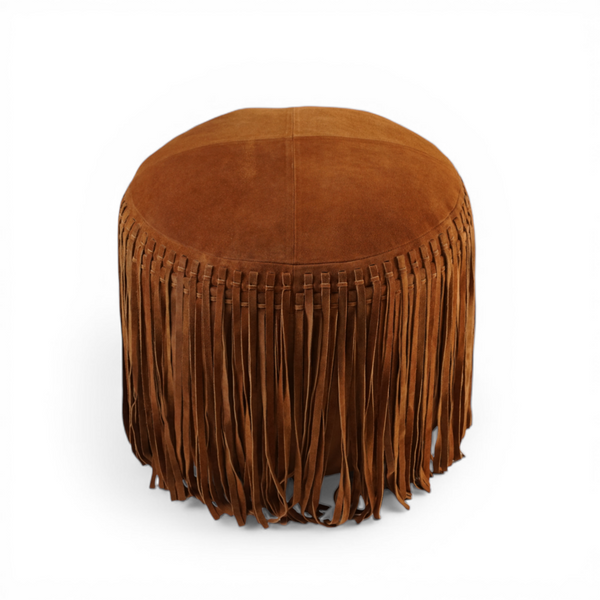 Suede Fringe Round Ottoman - Cognac