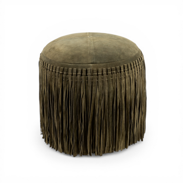 Suede Fringe Round Ottoman - Forest Green