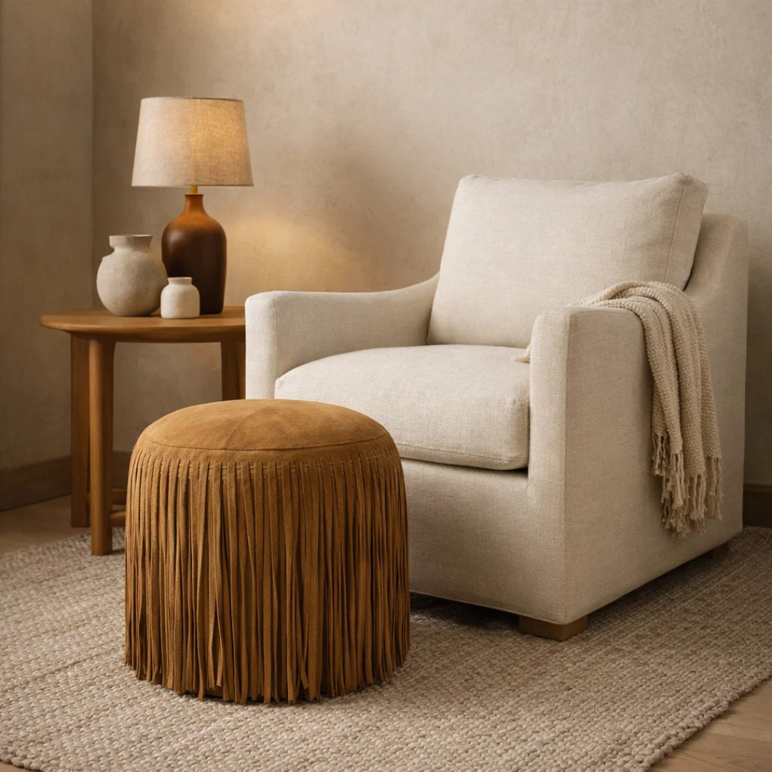 Suede Fringe Round Ottoman - Camel