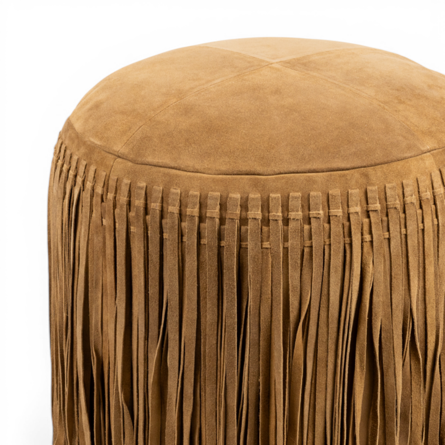 Suede Fringe Round Ottoman - Camel