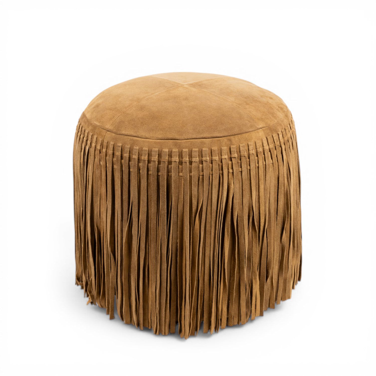 Suede Fringe Round Ottoman - Camel