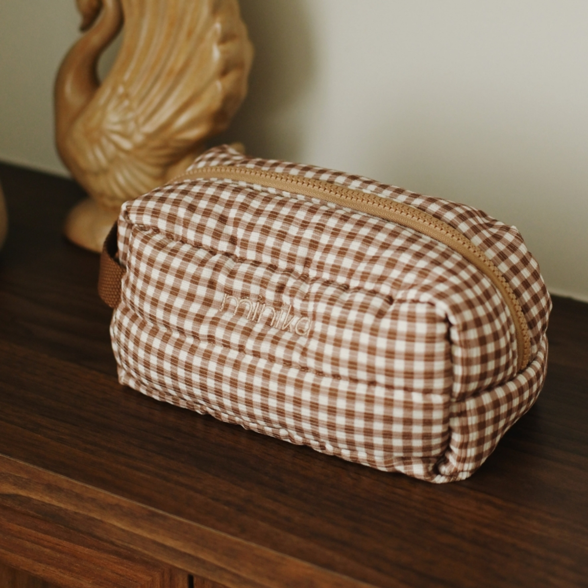 Puff Corduroy Toiletry Bag - Gingham Brown